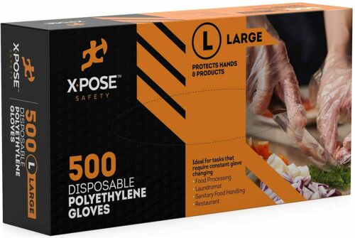 500 Clear Poly Gloves -transparent, Non Latex, Size Large